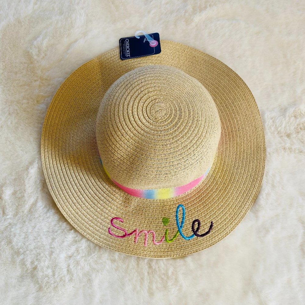 NEW w/tags Cherokee Girl's Wide Brim Beach Hat w/"Smile" & Rainbow Band